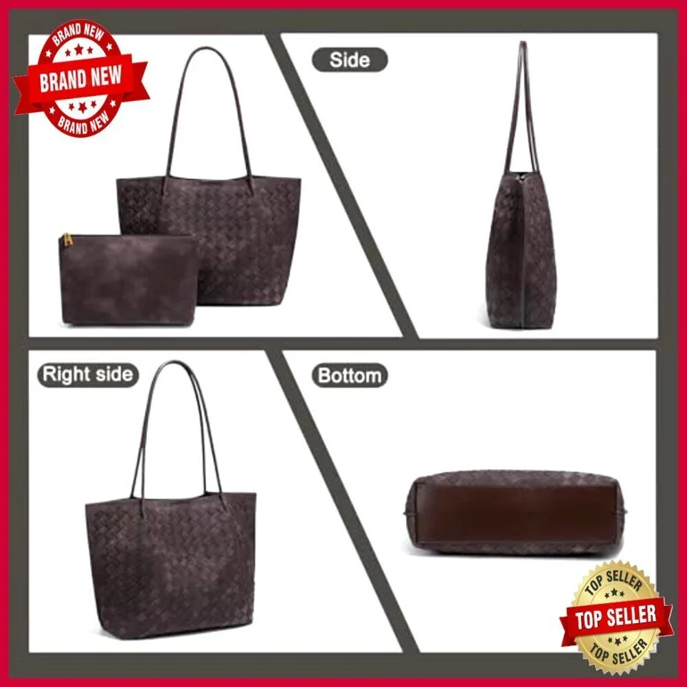 Large Woven Leather Tote Bag with Bonus Pouch, Spacious Work Handbag